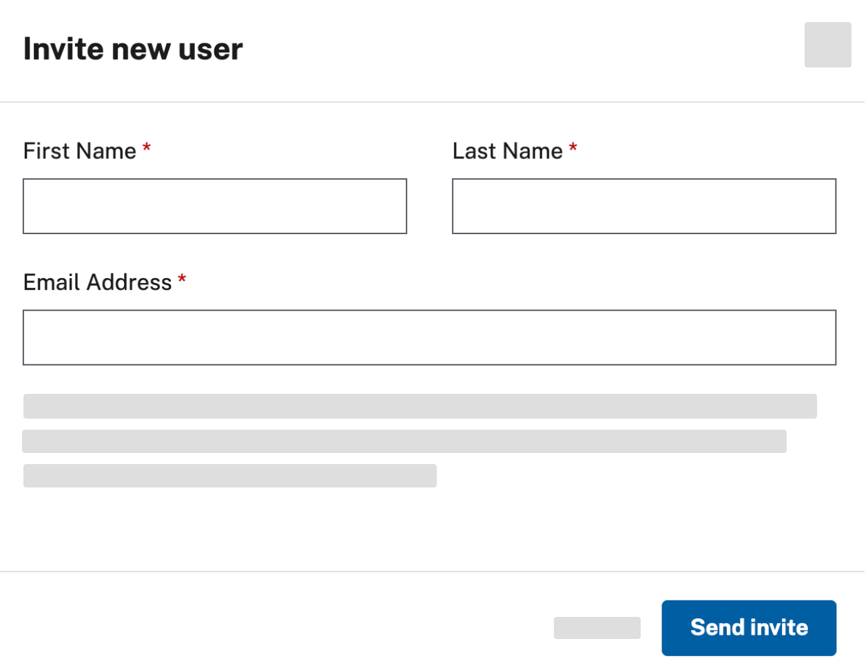 Fields for the user's first name, last name, and email address, along with the blue "Send invite" button